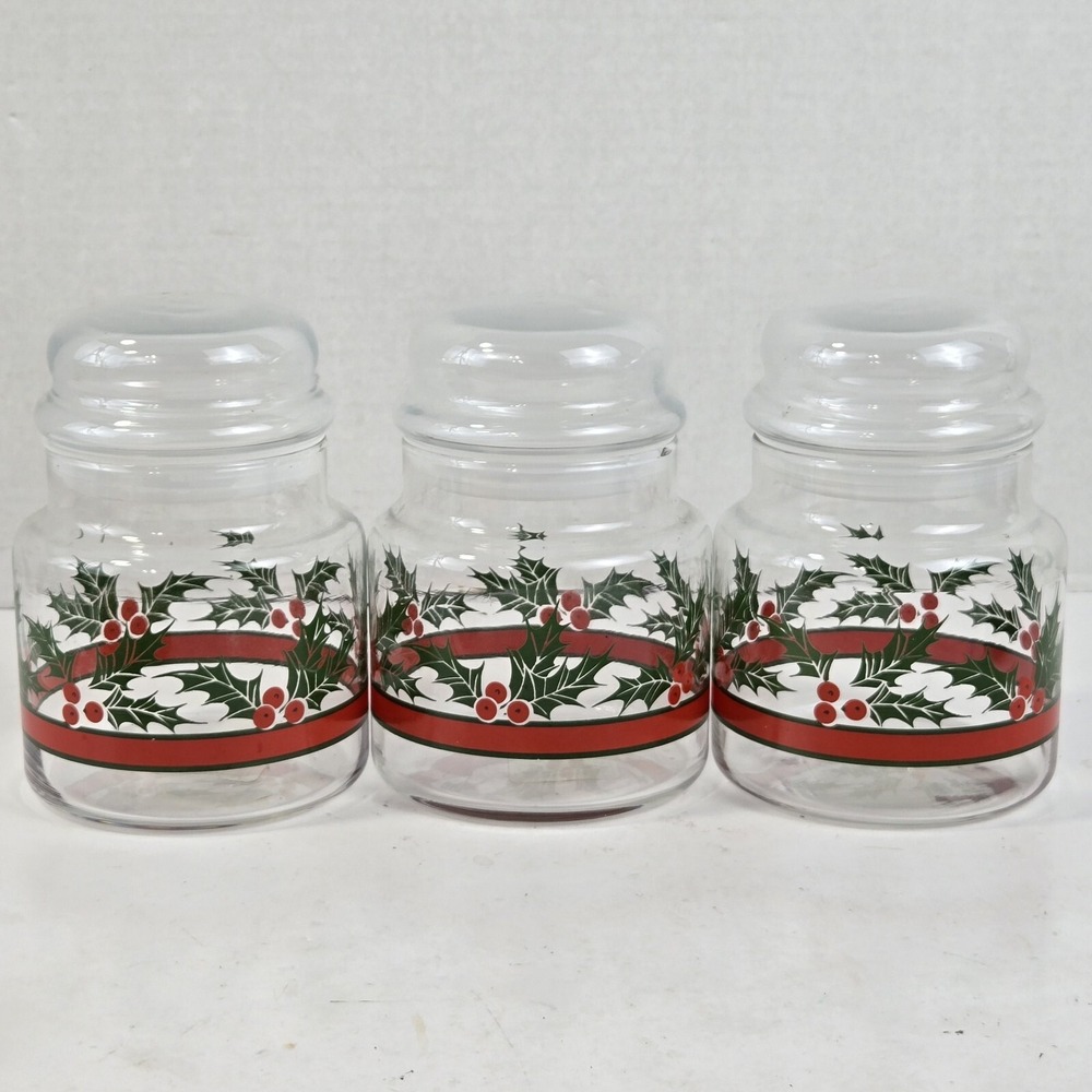 3 VTG Libbey Christmas Holly & Berries Glass Canisters w Air Tight Lids 5.5" USA